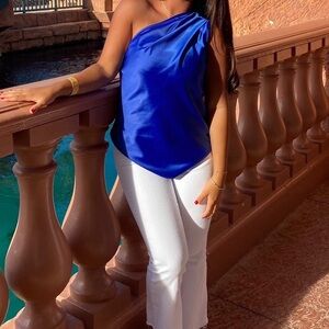 Blue Satin Material One Shoulder Top